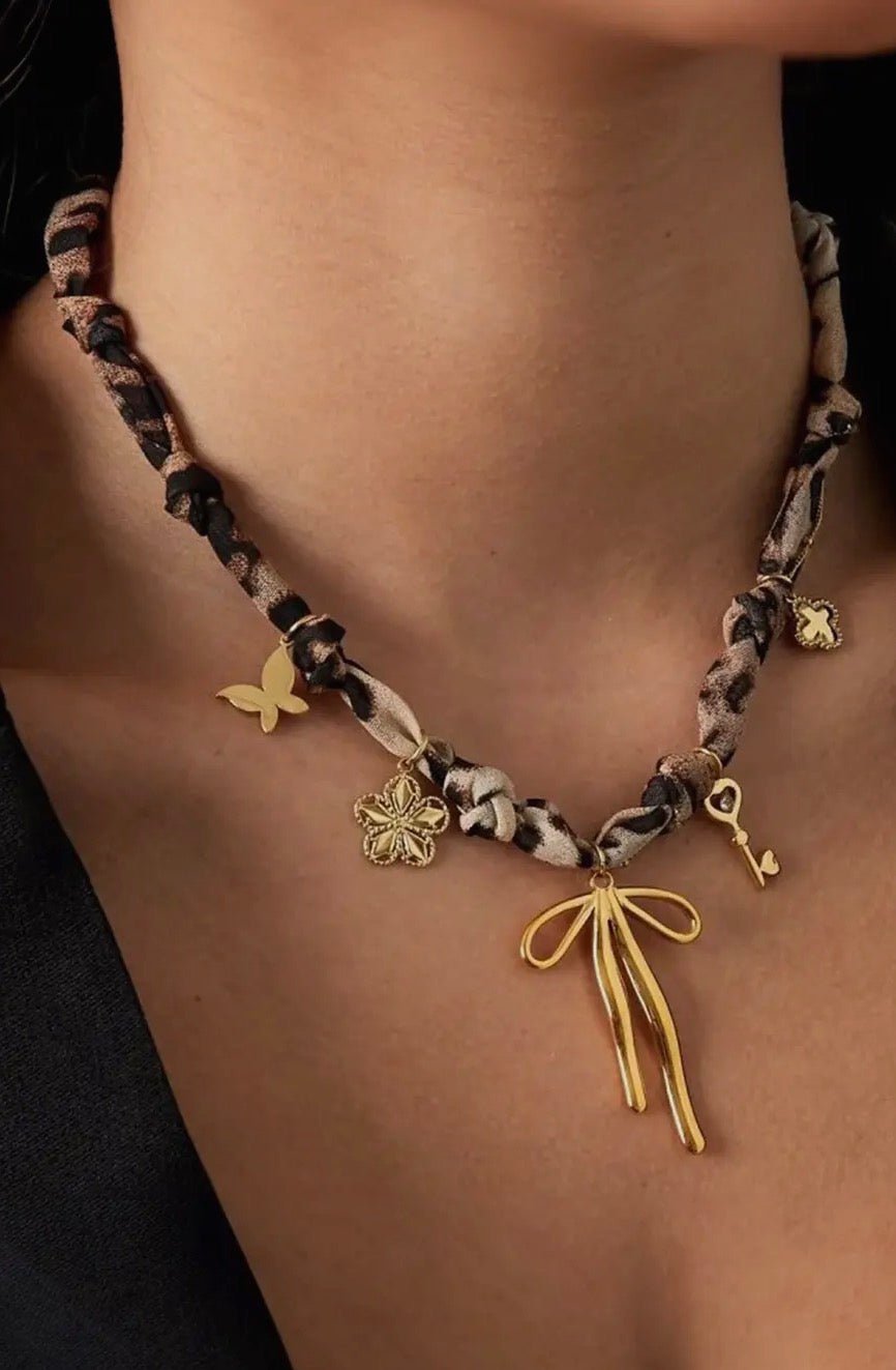 Plated Bow Stainless Steel Pendant Leopard Scarf Necklace - Blue Sky Fashions & Lingerie