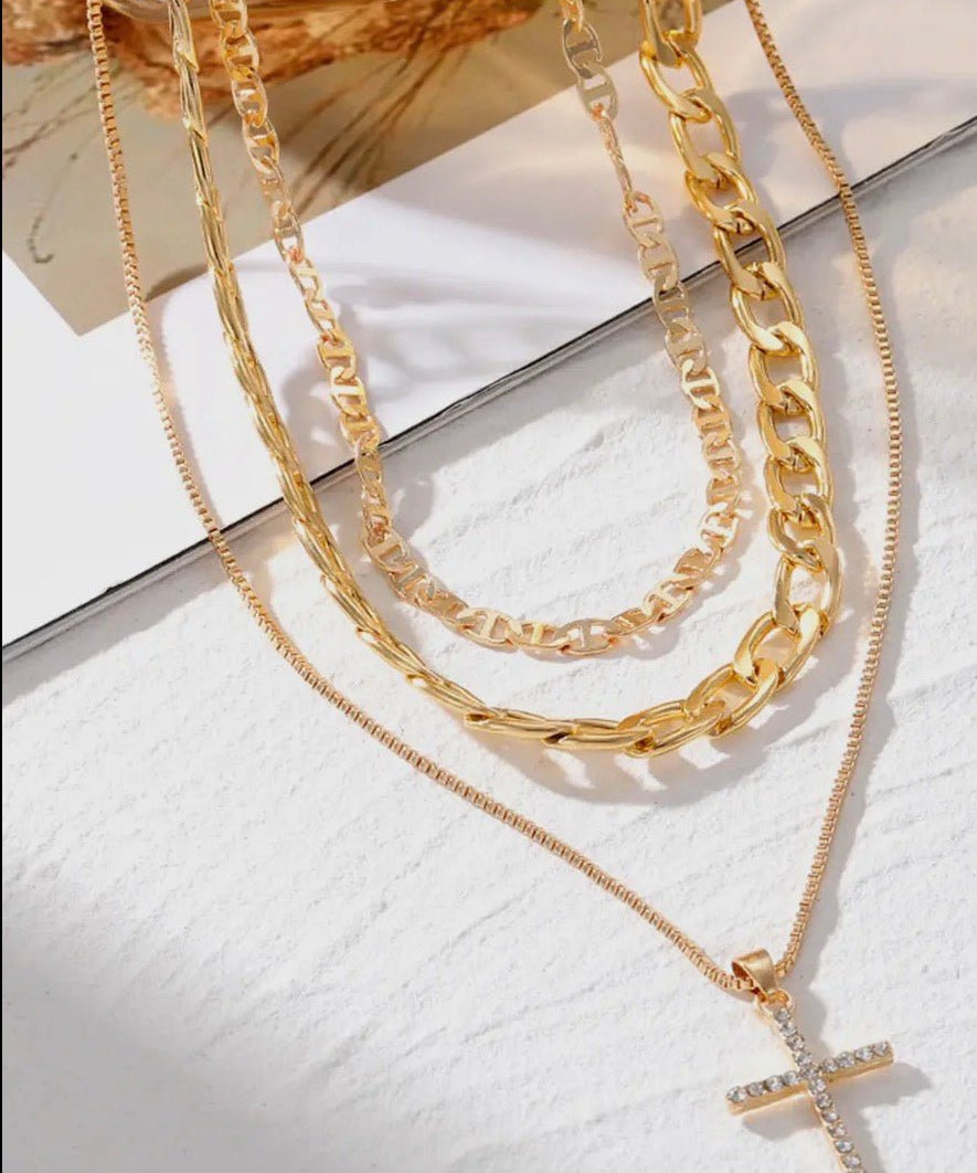 Plated Cross Pendant Multi Layer Stacked Chains Necklace - Blue Sky Fashions & Lingerie