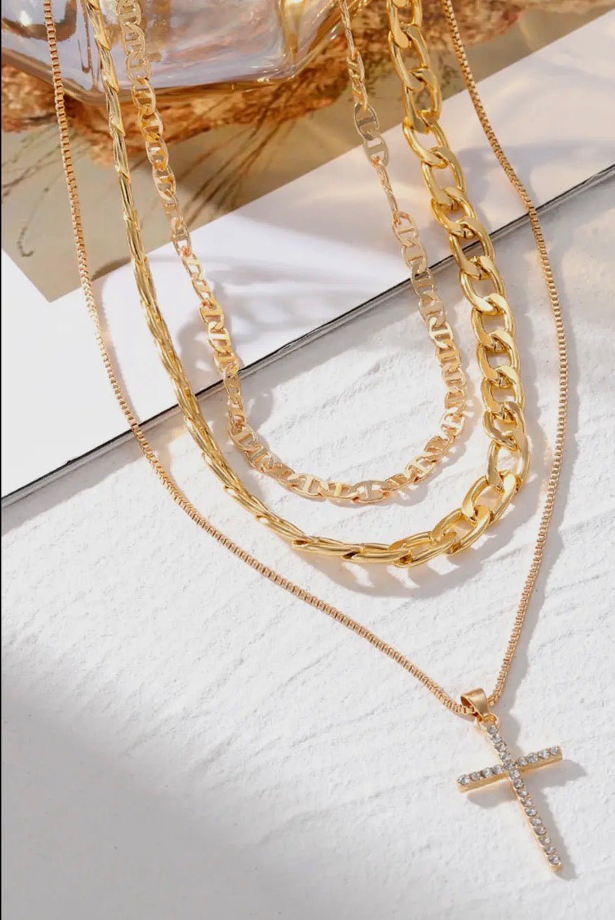 Plated Cross Pendant Multi Layer Stacked Chains Necklace - Blue Sky Fashions & Lingerie