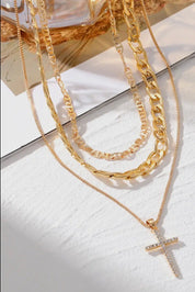 Plated Cross Pendant Multi Layer Stacked Chains Necklace - Blue Sky Fashions & Lingerie