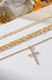 Plated Cross Pendant Multi Layer Stacked Chains Necklace - Blue Sky Fashions & Lingerie