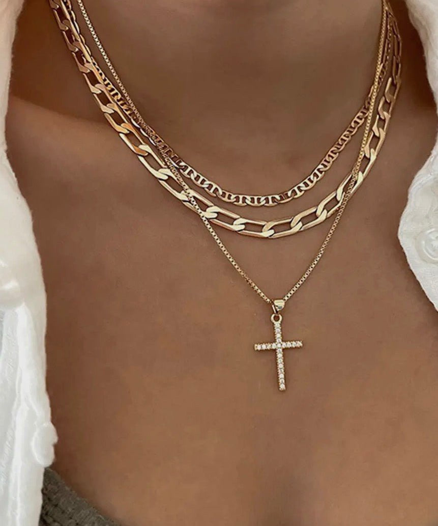 Plated Cross Pendant Multi Layer Stacked Chains Necklace - Blue Sky Fashions & Lingerie