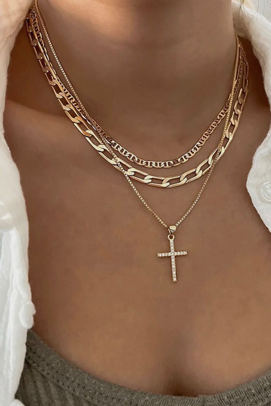 Plated Cross Pendant Multi Layer Stacked Chains Necklace - Blue Sky Fashions & Lingerie