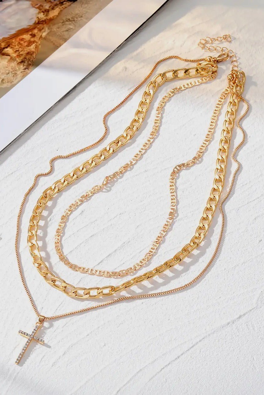 Plated Cross Pendant Multi Layer Stacked Chains Necklace - Blue Sky Fashions & Lingerie