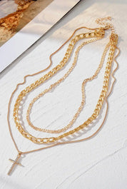 Plated Cross Pendant Multi Layer Stacked Chains Necklace - Blue Sky Fashions & Lingerie