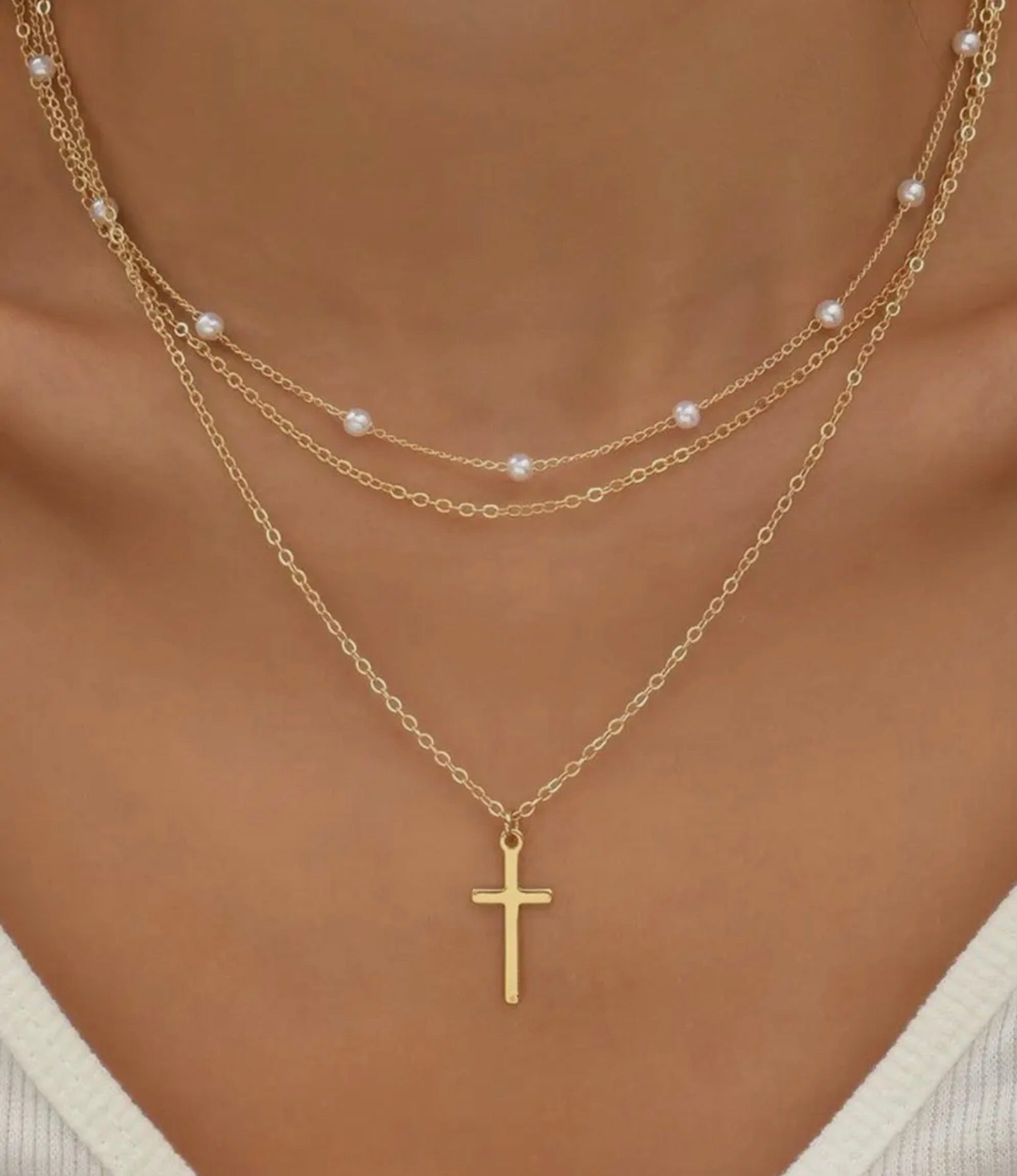 Plated Cross Pendant Pearl Decor Triple Layer Chain Necklace - Blue Sky Fashions & Lingerie