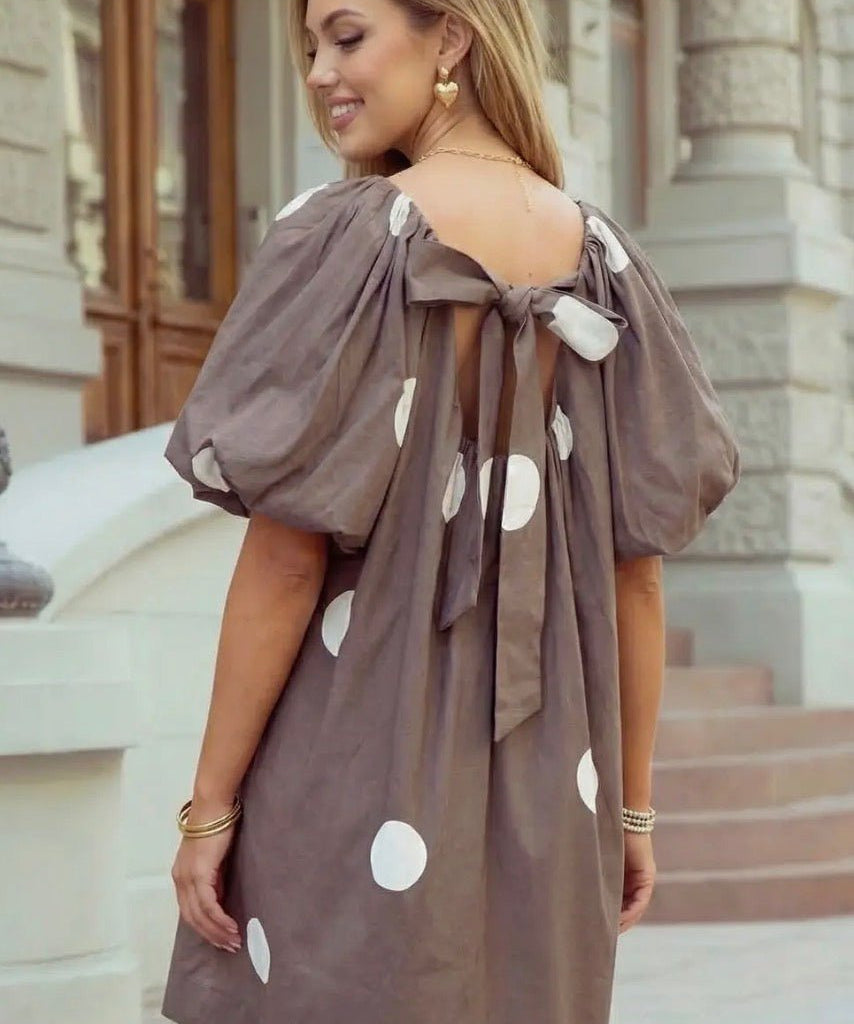 Polka Dot Print Knot Back Short Puff Sleeve Loose Mini Dress - Blue Sky Fashions & Lingerie