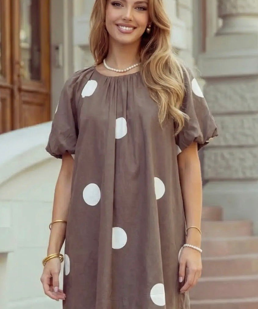 Polka Dot Print Knot Back Short Puff Sleeve Loose Mini Dress - Blue Sky Fashions & Lingerie