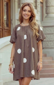 Polka Dot Print Knot Back Short Puff Sleeve Loose Mini Dress - Blue Sky Fashions & Lingerie