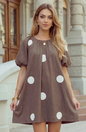 Polka Dot Print Knot Back Short Puff Sleeve Loose Mini Dress - Blue Sky Fashions & Lingerie