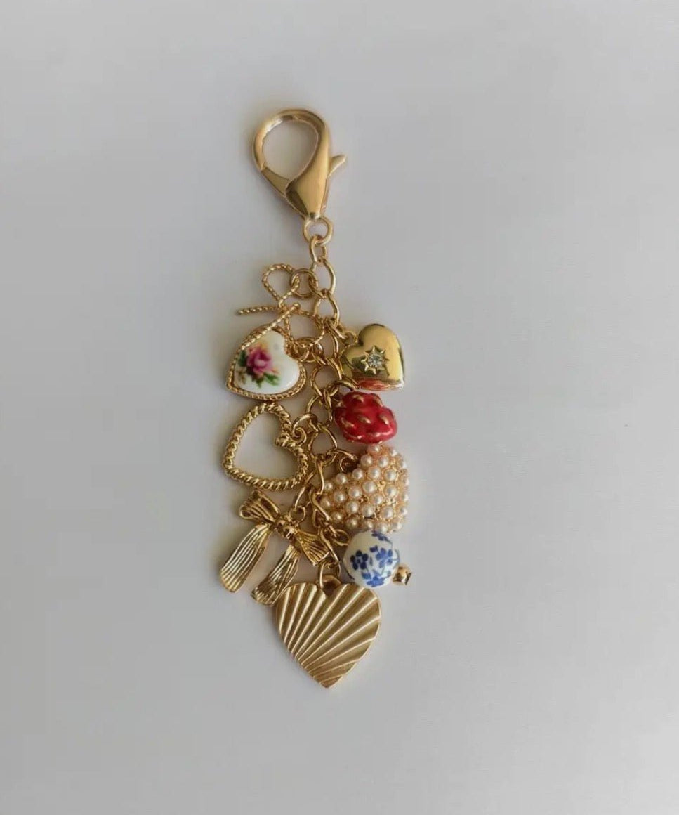 Porcelain Bows Hearts Pearl Strawberry Bag Charm - Blue Sky Fashions & Lingerie