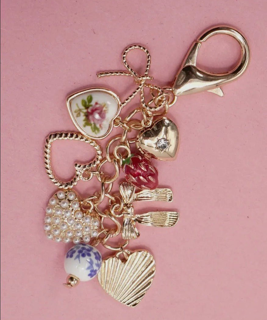 Porcelain Bows Hearts Pearl Strawberry Bag Charm - Blue Sky Fashions & Lingerie