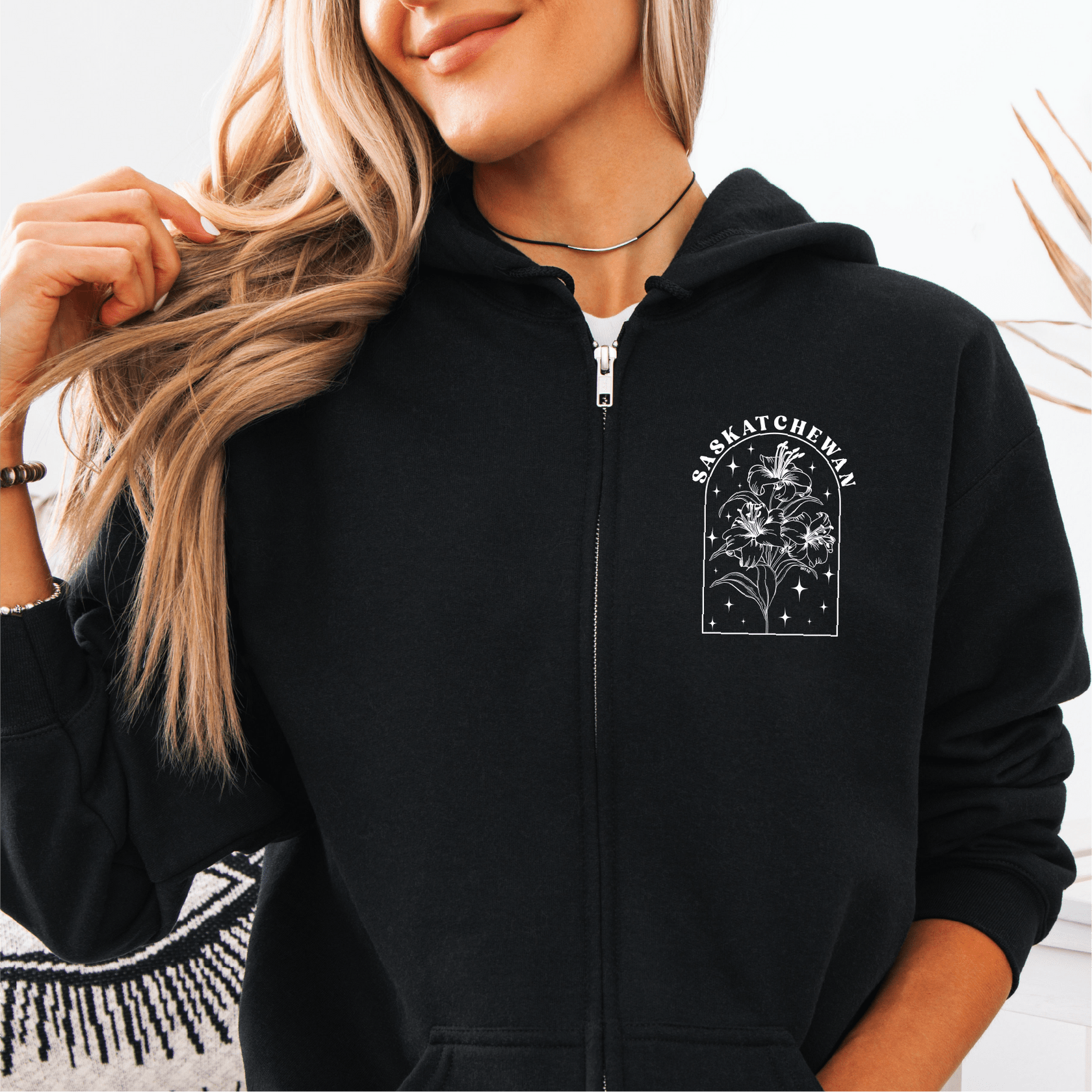 Prairie Lily Line Art Unisex Zip Up | Saskatchewan Apparel - Blue Sky Fashions & Lingerie