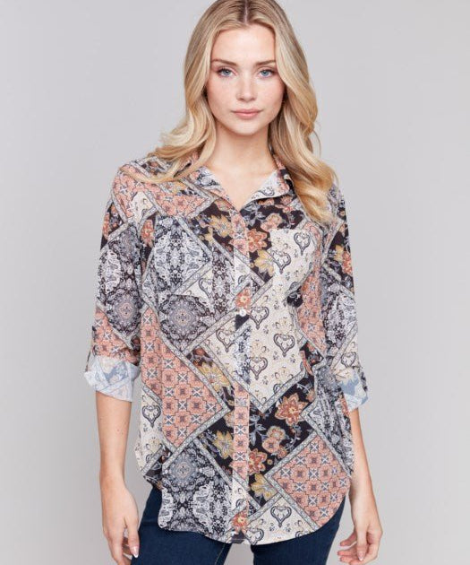 Printed Button - Front Blouse by Charlie B - Blue Sky Fashions & Lingerie