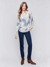 Printed Round Hem Sweater With Front Pockets And Back Lace - Blue Sky Fashions & Lingerie