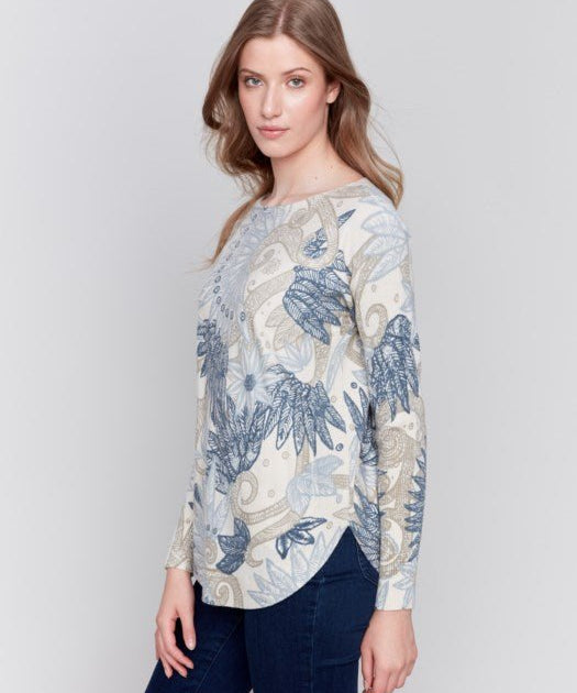 Printed Round Hem Sweater With Front Pockets And Back Lace - Blue Sky Fashions & Lingerie