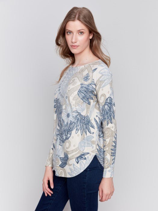 Printed Round Hem Sweater With Front Pockets And Back Lace - Blue Sky Fashions & Lingerie