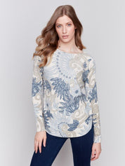 Printed Round Hem Sweater With Front Pockets And Back Lace - Blue Sky Fashions & Lingerie