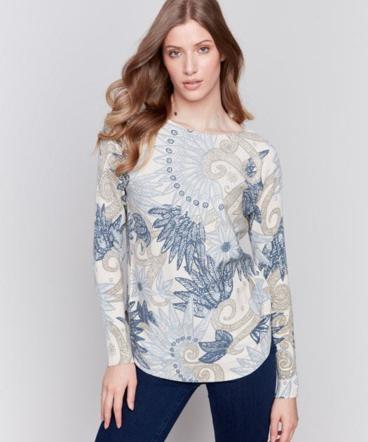 Printed Round Hem Sweater With Front Pockets And Back Lace - Blue Sky Fashions & Lingerie