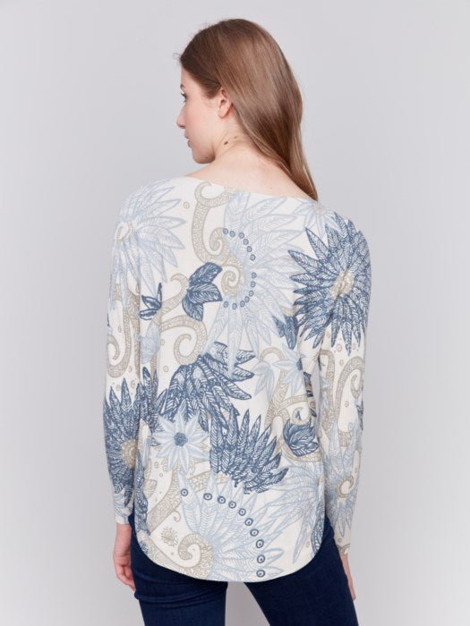 Printed Round Hem Sweater With Front Pockets And Back Lace - Blue Sky Fashions & Lingerie