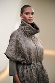 Quilted Nylon Shawl-Neck Boxy Vest 263643 by Joseph Ribkoff - avocado - Blue Sky Fashions & Lingerie