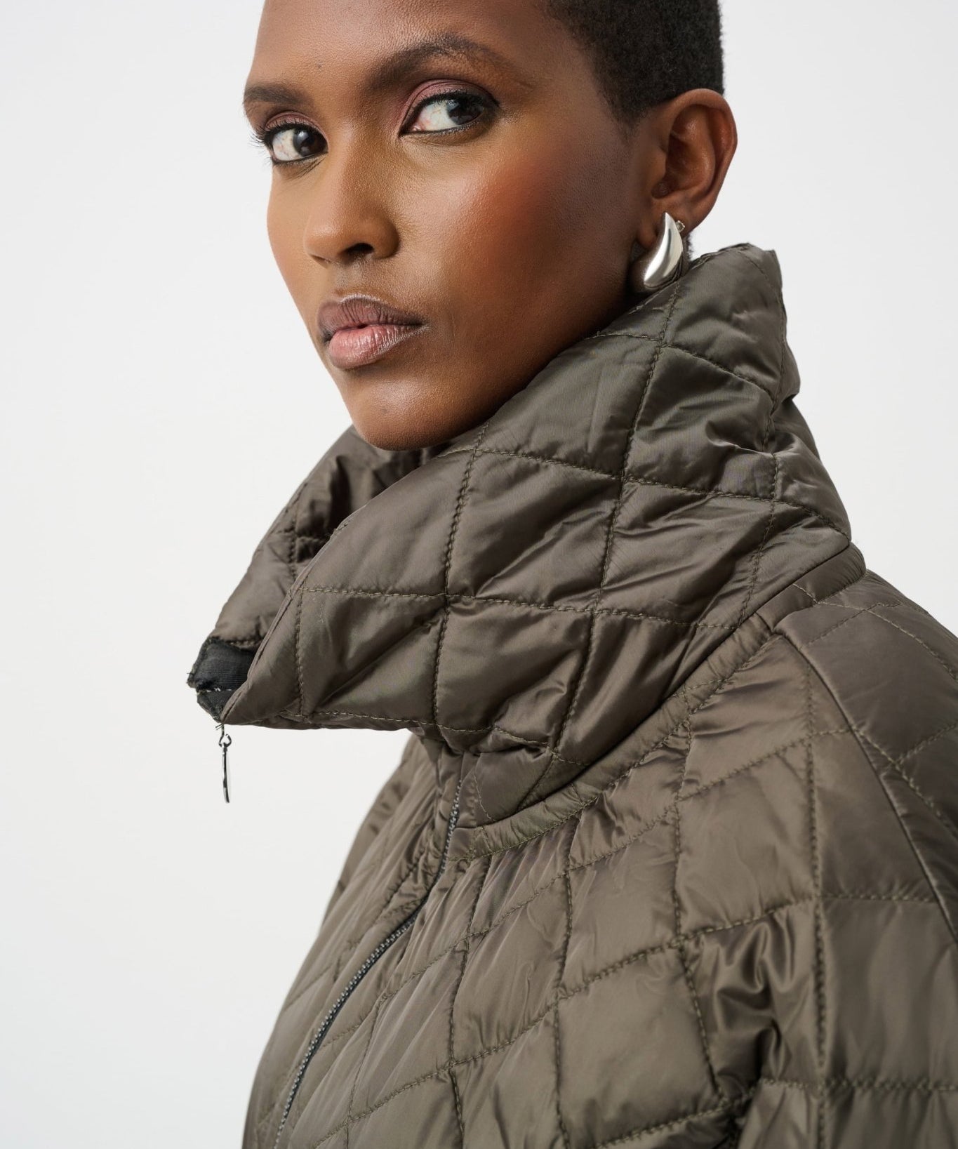 Quilted Nylon Shawl-Neck Boxy Vest 263643 by Joseph Ribkoff - avocado - Blue Sky Fashions & Lingerie
