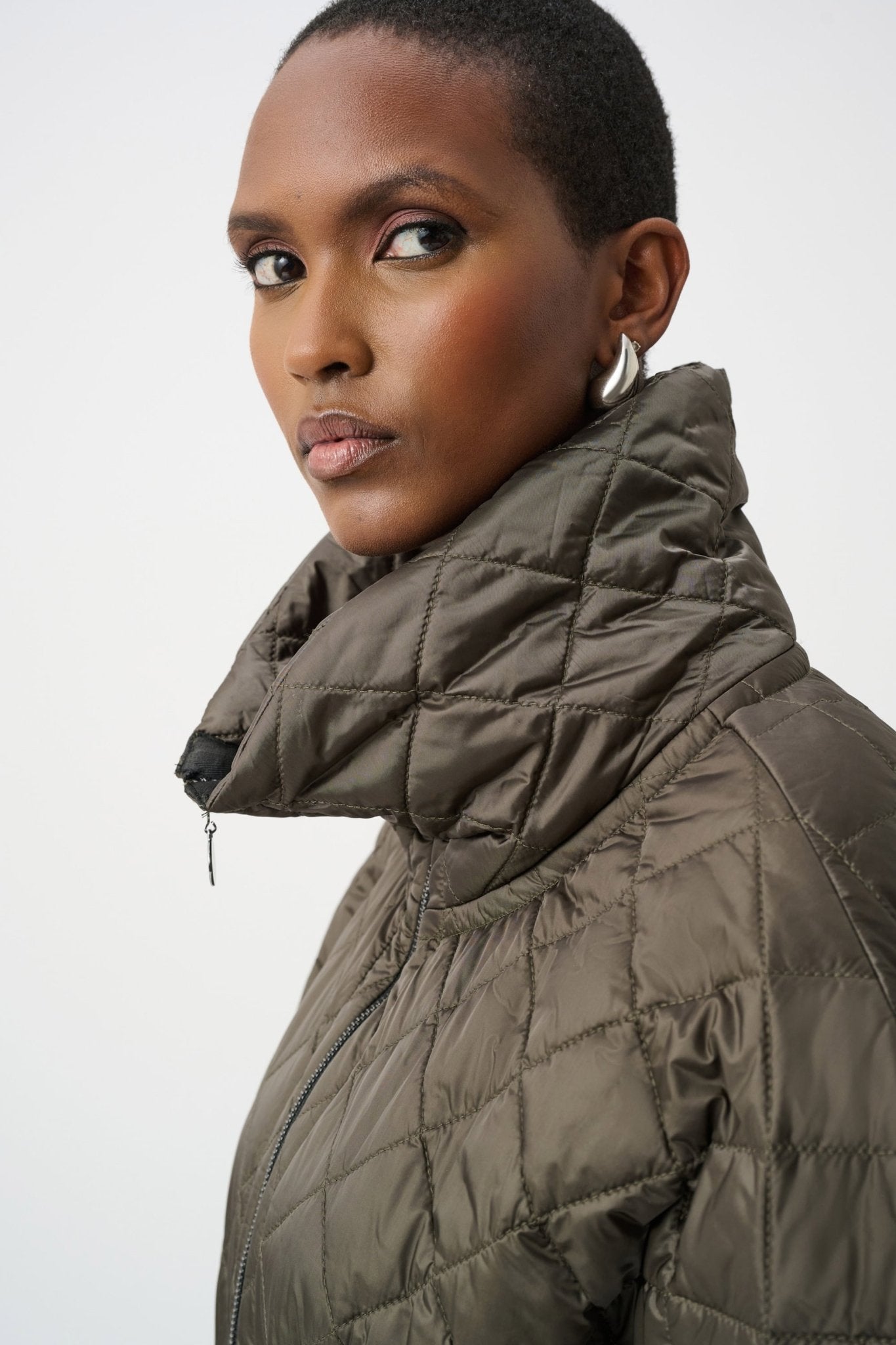 Quilted Nylon Shawl-Neck Boxy Vest 263643 by Joseph Ribkoff - avocado - Blue Sky Fashions & Lingerie