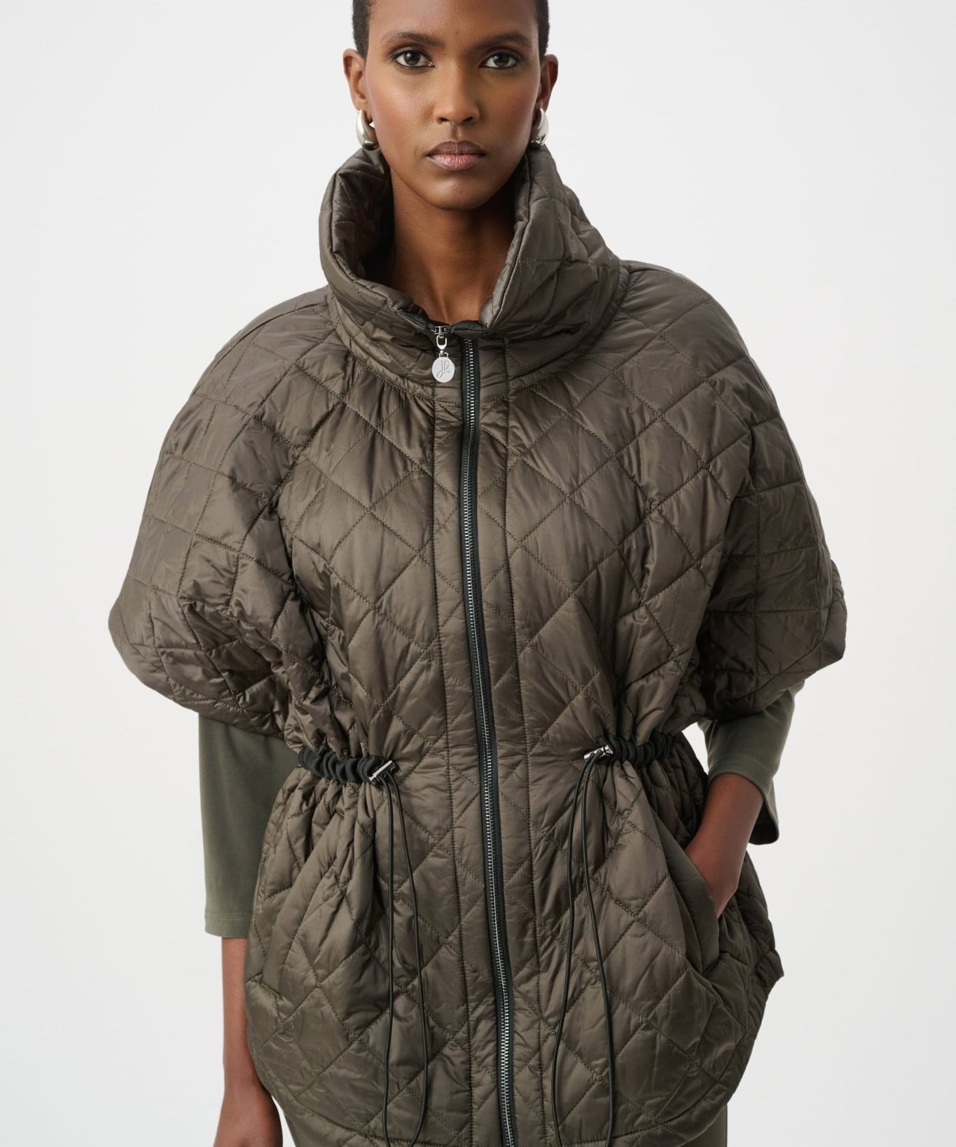 Quilted Nylon Shawl-Neck Boxy Vest 263643 by Joseph Ribkoff - avocado - Blue Sky Fashions & Lingerie