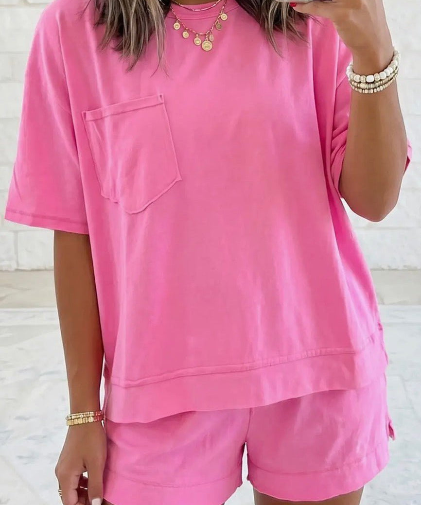 Raw Edge Patch Pocket Oversized Top and Slit Hem Shorts Set - Blue Sky Fashions & Lingerie