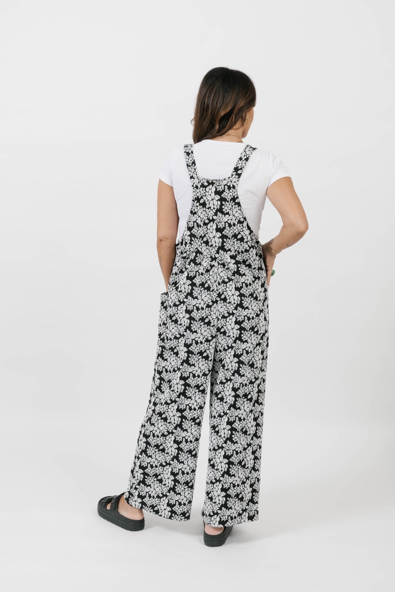 REMY ROMPERALLS IN SOFT BLACK/WHITE FLORAL - Blue Sky Fashions & Lingerie