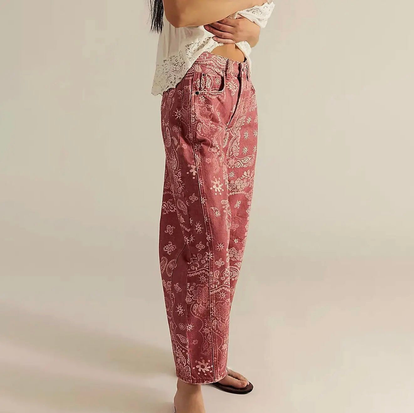 Retro Print High Waist Wide Leg Barrel Pants - red bandana print - Blue Sky Fashions & Lingerie