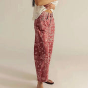Retro Print High Waist Wide Leg Barrel Pants - red bandana print - Blue Sky Fashions & Lingerie