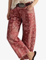 Retro Print High Waist Wide Leg Barrel Pants - red bandana print - Blue Sky Fashions & Lingerie