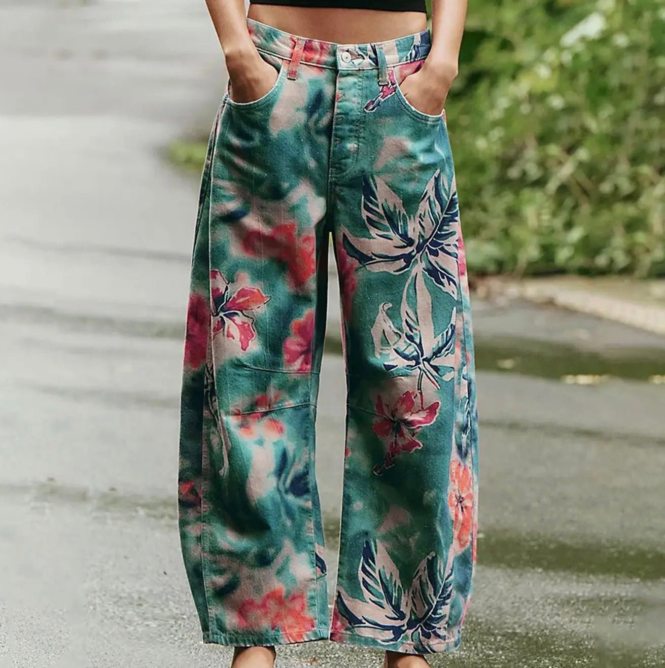 Retro Print High Waist Wide Leg Barrel Pants - Tropical print - Blue Sky Fashions & Lingerie
