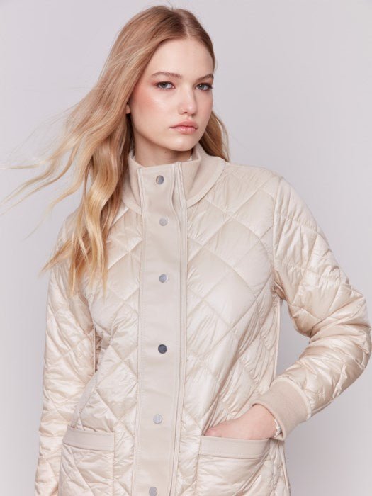 Reversible Long Iridescent Quilted Jacket With Rib by Charlie B - Blue Sky Fashions & Lingerie