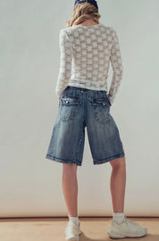 Rhonda Wide-Leg Utility Denim Bermuda Shorts - Blue Sky Fashions & Lingerie