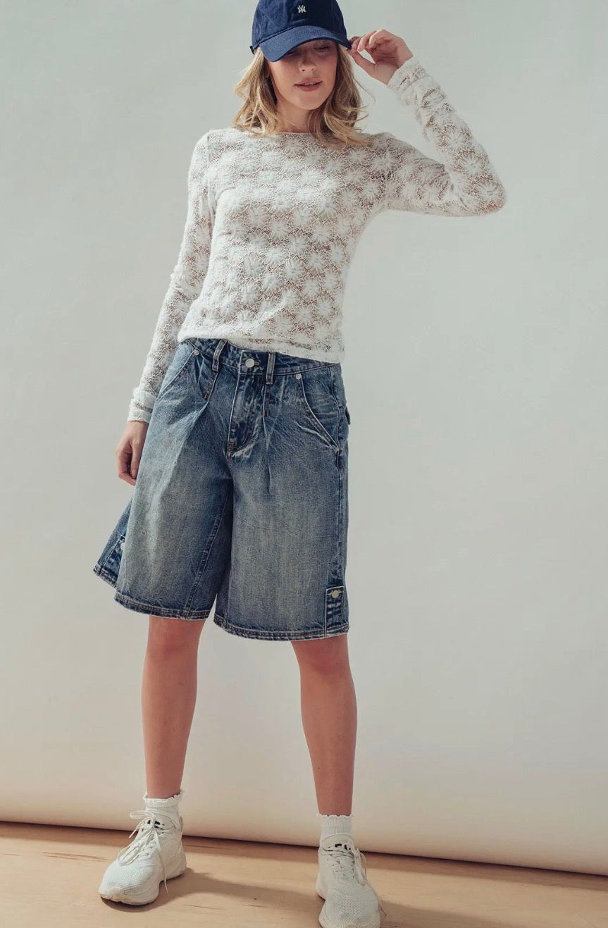 Rhonda Wide-Leg Utility Denim Bermuda Shorts - Blue Sky Fashions & Lingerie