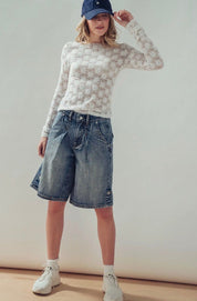 Rhonda Wide-Leg Utility Denim Bermuda Shorts - Blue Sky Fashions & Lingerie