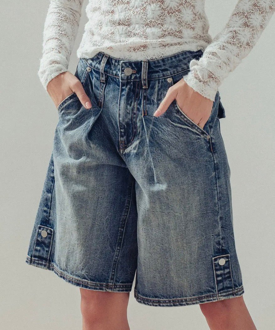 Rhonda Wide-Leg Utility Denim Bermuda Shorts - Blue Sky Fashions & Lingerie