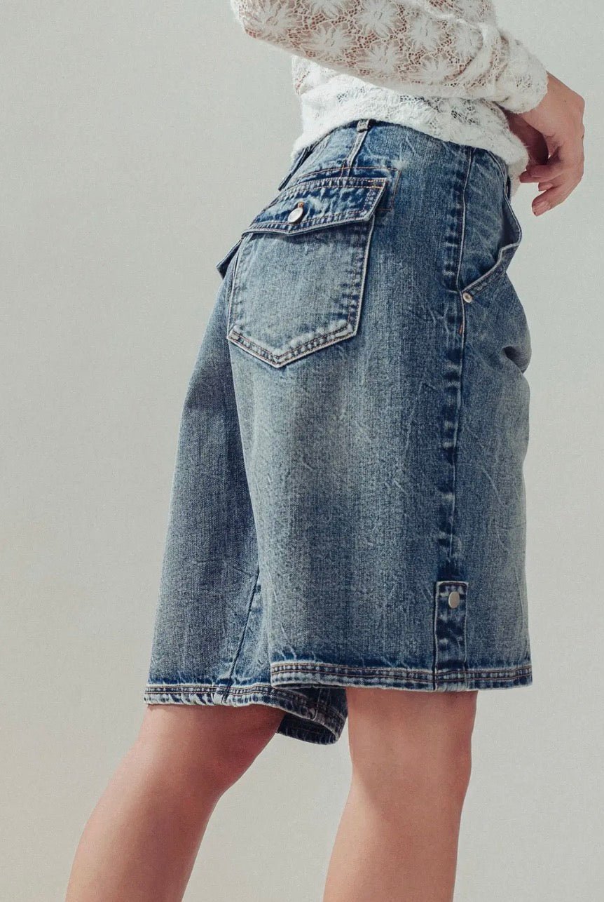 Rhonda Wide-Leg Utility Denim Bermuda Shorts - Blue Sky Fashions & Lingerie