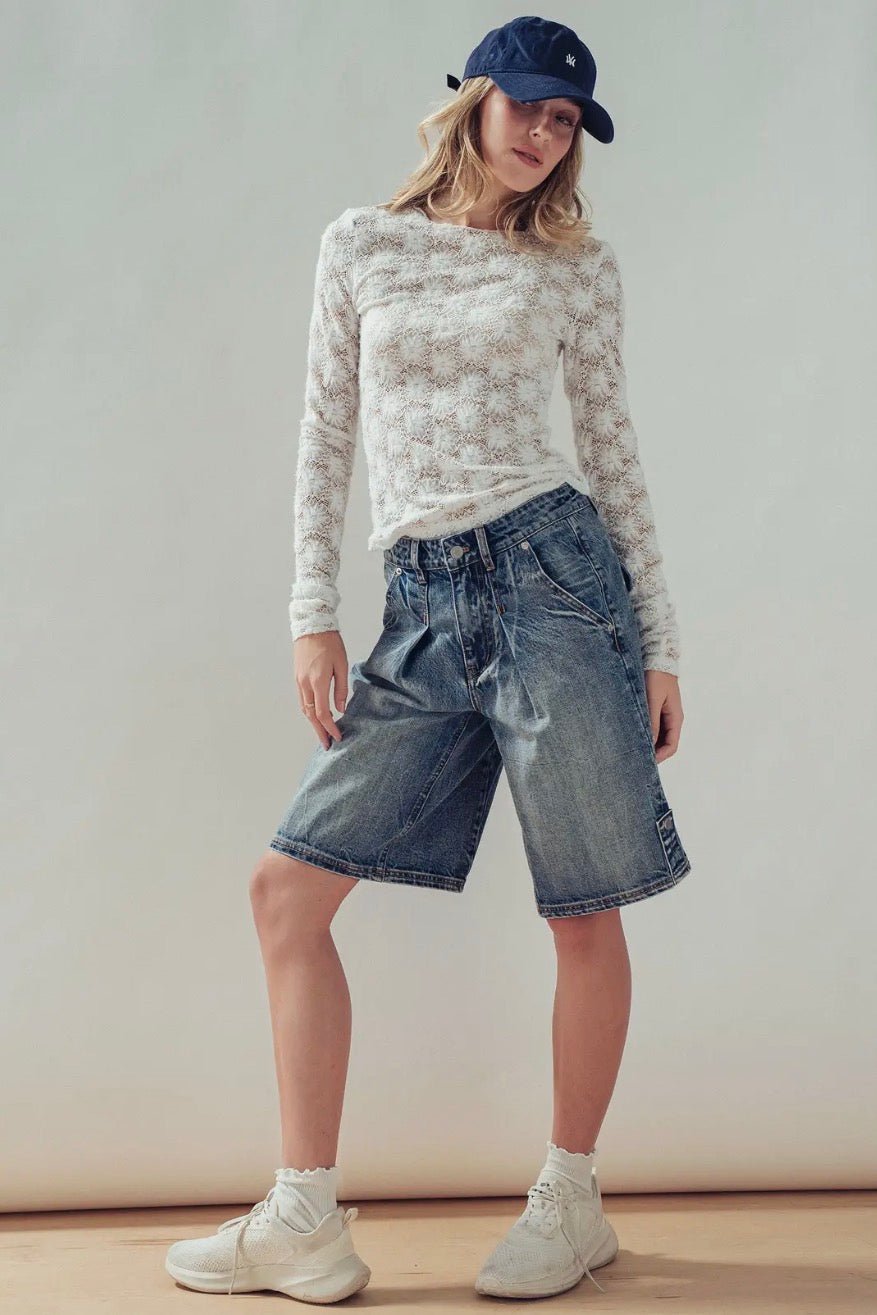 Rhonda Wide-Leg Utility Denim Bermuda Shorts - Blue Sky Fashions & Lingerie