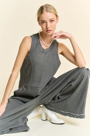 Ribbed Contrast Ruched Side Seam French Jumpsuit - Charcoal - Blue Sky Fashions & Lingerie