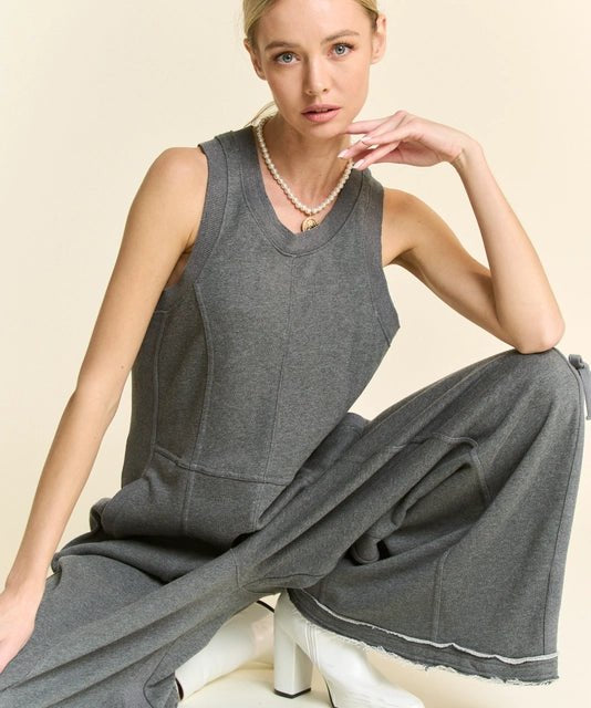 Ribbed Contrast Ruched Side Seam French Jumpsuit - Charcoal - Blue Sky Fashions & Lingerie