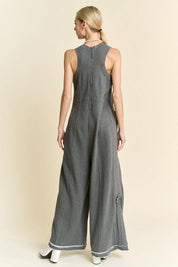 Ribbed Contrast Ruched Side Seam French Jumpsuit - Charcoal - Blue Sky Fashions & Lingerie