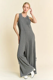 Ribbed Contrast Ruched Side Seam French Jumpsuit - Charcoal - Blue Sky Fashions & Lingerie