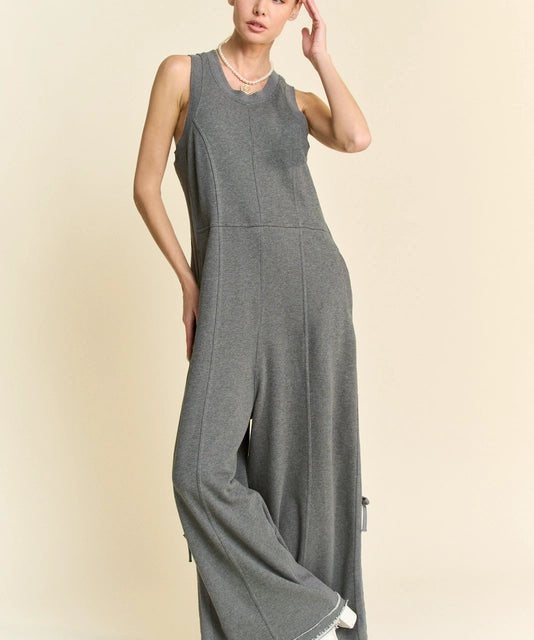 Ribbed Contrast Ruched Side Seam French Jumpsuit - Charcoal - Blue Sky Fashions & Lingerie