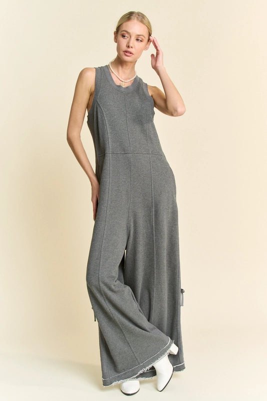 Ribbed Contrast Ruched Side Seam French Jumpsuit - Charcoal - Blue Sky Fashions & Lingerie