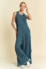 Ribbed Contrast Ruched Side Seam French Jumpsuit - Teal - Blue Sky Fashions & Lingerie