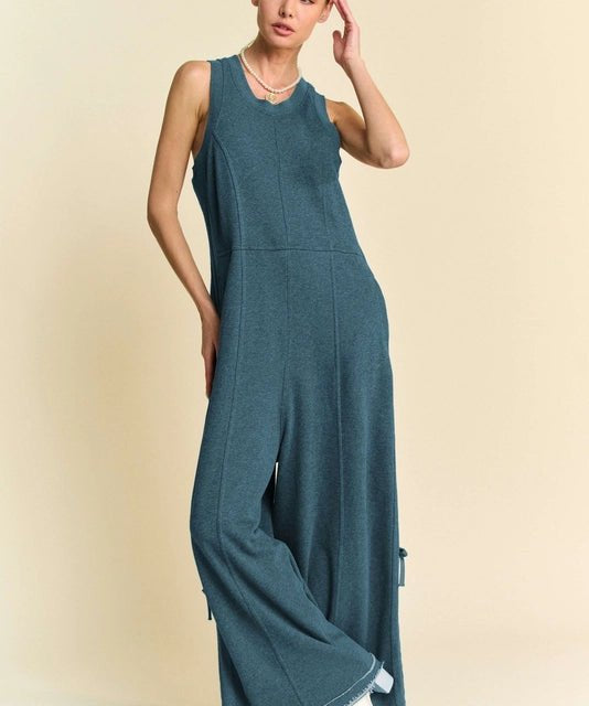 Ribbed Contrast Ruched Side Seam French Jumpsuit - Teal - Blue Sky Fashions & Lingerie