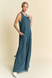 Ribbed Contrast Ruched Side Seam French Jumpsuit - Teal - Blue Sky Fashions & Lingerie